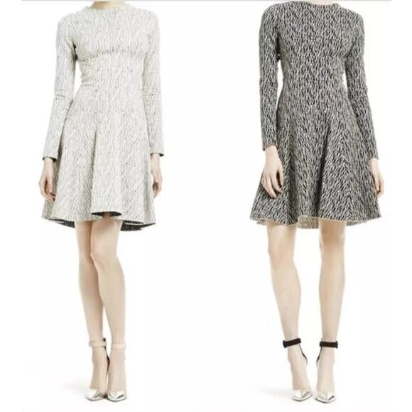 NEW LEILA ROSE Long Sleeve Reversible Seamed Fit & Flare Dress Sz 10 Black Ivory - Picture 2 of 14